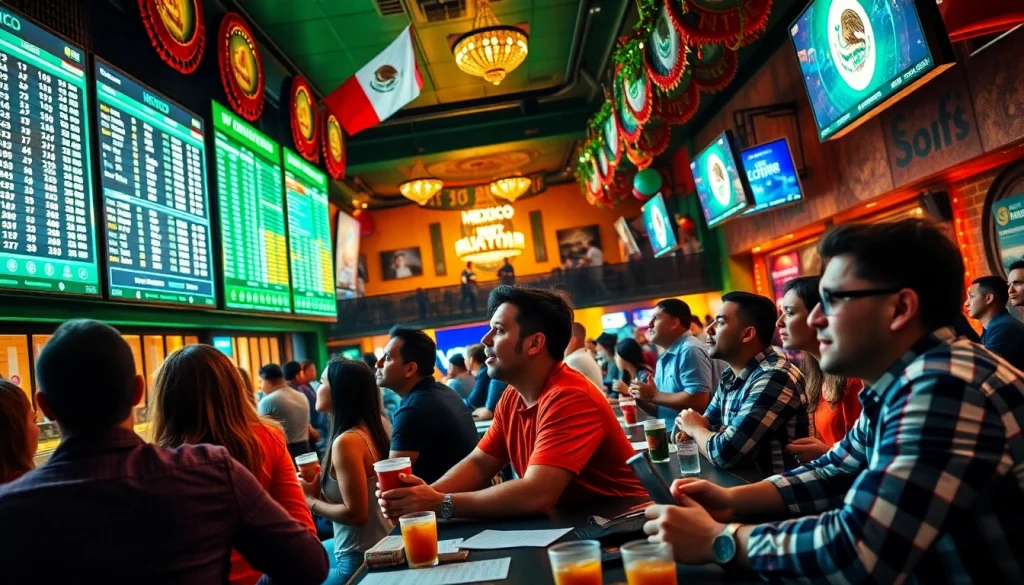 Engaging scene showcasing sports betting Mexico with enthusiastic bettors in a lively sportsbook environment.