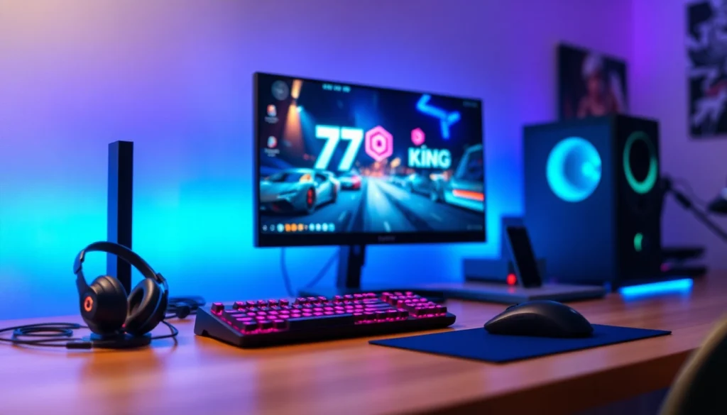 Immerse in the world of 79king with a vibrant gaming setup featuring dynamic visuals.