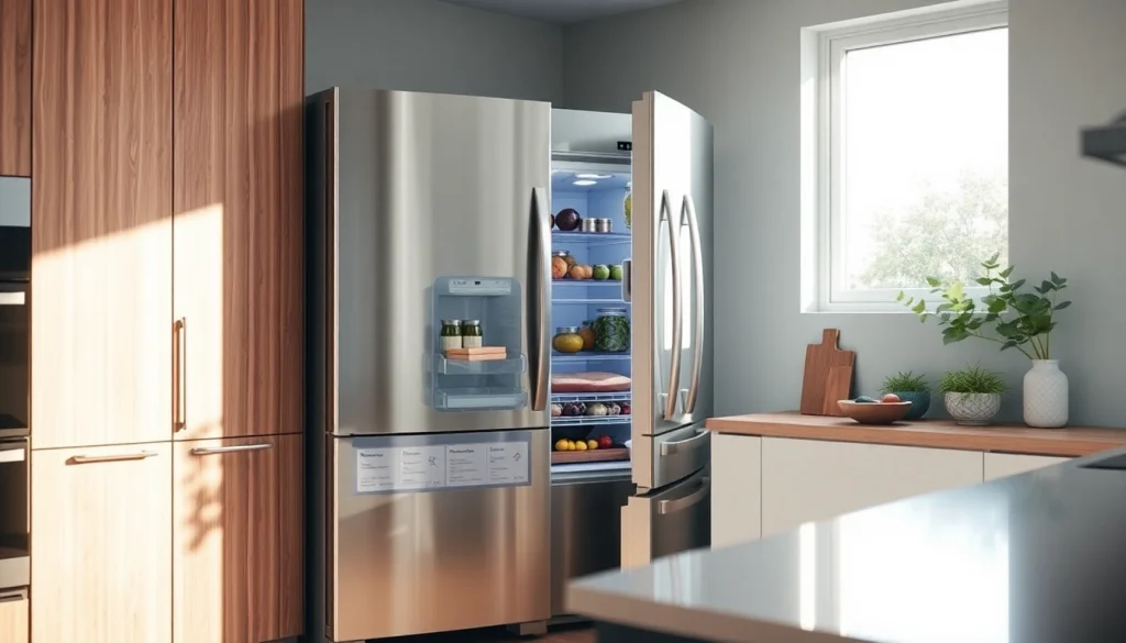 Explore the features of a modern refrigerator in a bright kitchen setting.