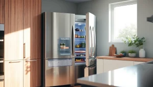 Explore the features of a modern refrigerator in a bright kitchen setting.