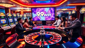 Engaged players enjoy the thrill of betting at the 99win roulette table surrounded by vibrant slot machines.