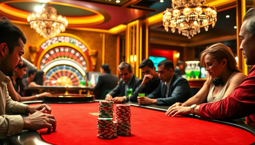 Engaged players strategizing a win at a high-stakes poker table with a vibrant rio-themed backdrop.