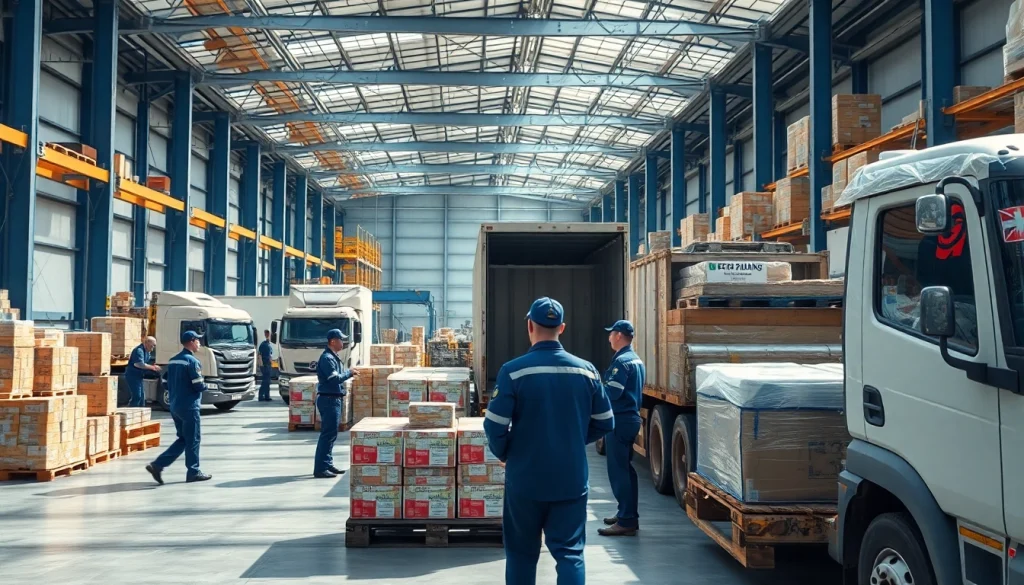 Efficient logistics operations showcase goods being organized and transported in a busy warehouse.