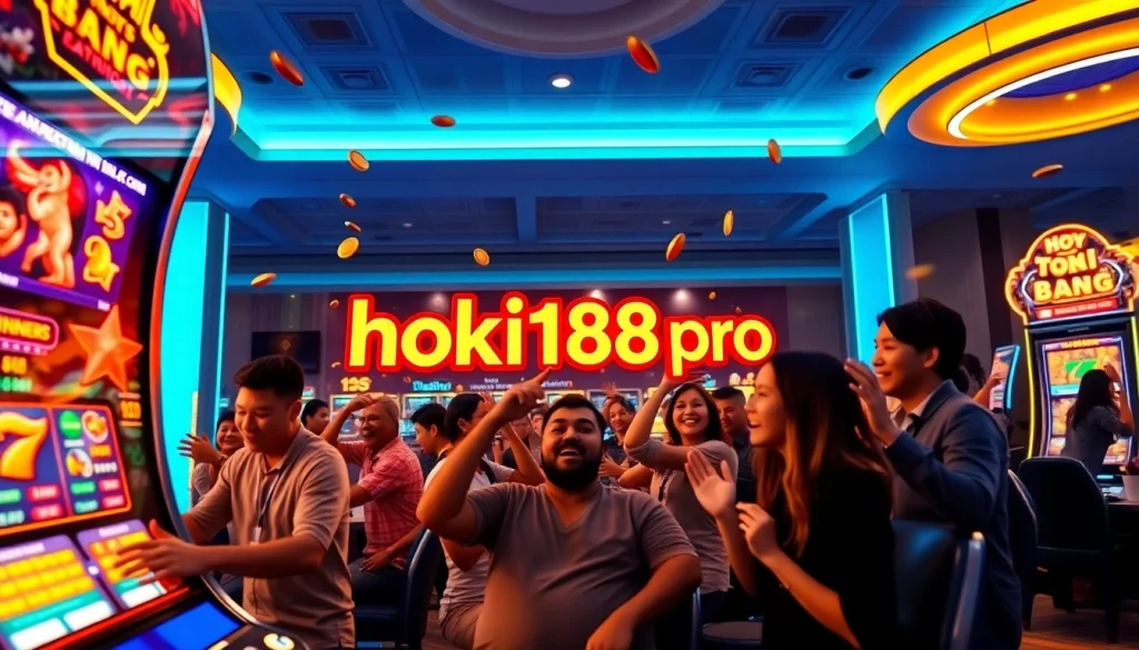 Engaging casino scene with hoki138 pro slot machine, showcasing diverse players and excitement.