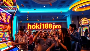 Engaging casino scene with hoki138 pro slot machine, showcasing diverse players and excitement.
