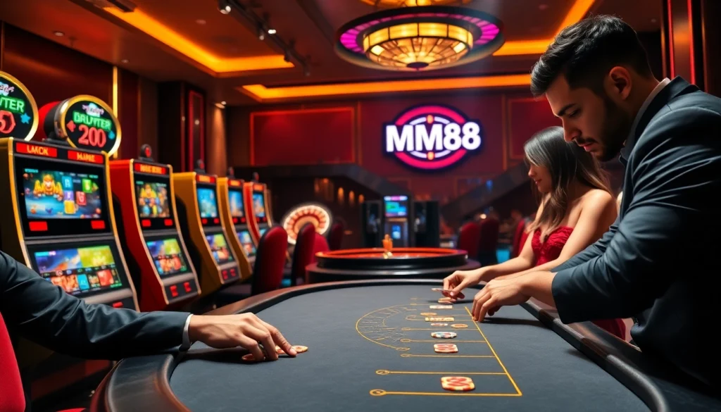 Experience the thrill of betting at MM88 casino, showcasing poker tables and vibrant slot machines.