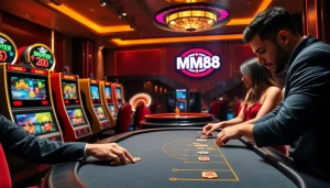 Experience the thrill of betting at MM88 casino, showcasing poker tables and vibrant slot machines.