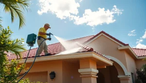 Roof cleaning technician using eco-friendly methods to restore a residential roof in Kissimmee, FL.