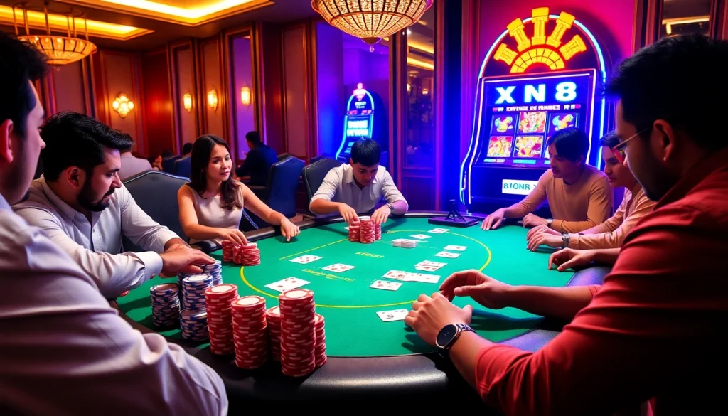 Excited players at XN88 casino table immersed in poker action, showcasing luxury and expert gameplay.