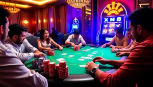 Excited players at XN88 casino table immersed in poker action, showcasing luxury and expert gameplay.