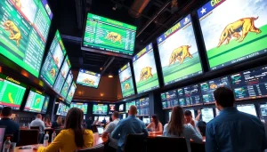 Engaging bettors at online sportsbooks California in a vibrant sports bar atmosphere.