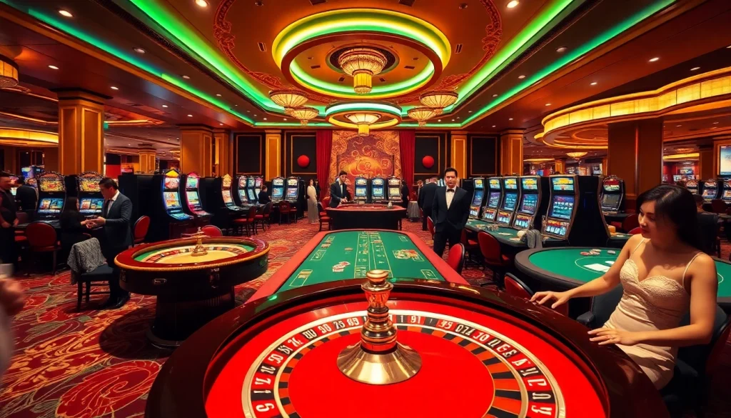 Experience high-stakes gaming at https://jun88ld.com/ with vibrant casino visuals featuring roulette wheels and elegant players.