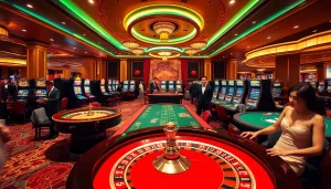 Experience high-stakes gaming at https://jun88ld.com/ with vibrant casino visuals featuring roulette wheels and elegant players.