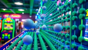 Permainan demo plinko yang menarik dengan bola jatuh di antara pin-pinnya.