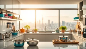 Explore premium kitchenware Auckland with quality utensils and cookware in a stylish kitchen.