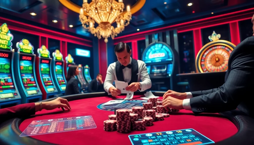 Experience the thrill of kuwin 1 live casino action with vibrant poker tables and immersive gambling scenes.