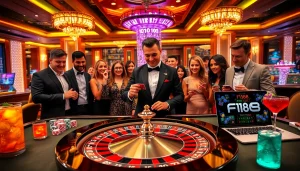 Experience the excitement of F168 with players at a roulette table in a lavish casino.