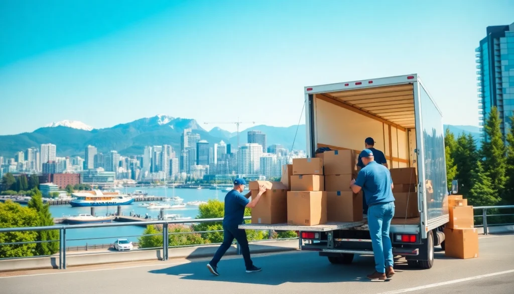 Efficient movers in action, demonstrating the best movers in Vancouver with professional packing and vibrant city backdrop.