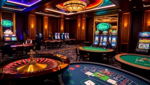 Experience the excitement of online betting at thabet.com with a vibrant casino scene featuring engaging players and luxurious gaming tables.