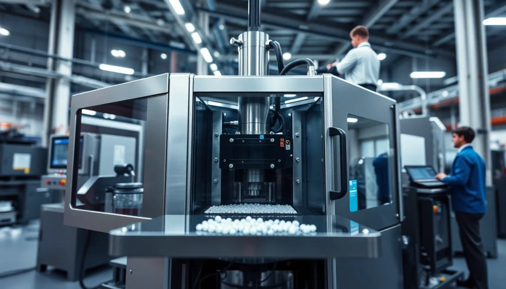 Plastic injection molding machine operating in a modern manufacturing facility, showcasing high-tech efficiency and precision.