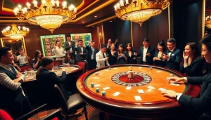 SUNWIN gaming table at a vibrant casino with players enjoying a high-stakes poker game.