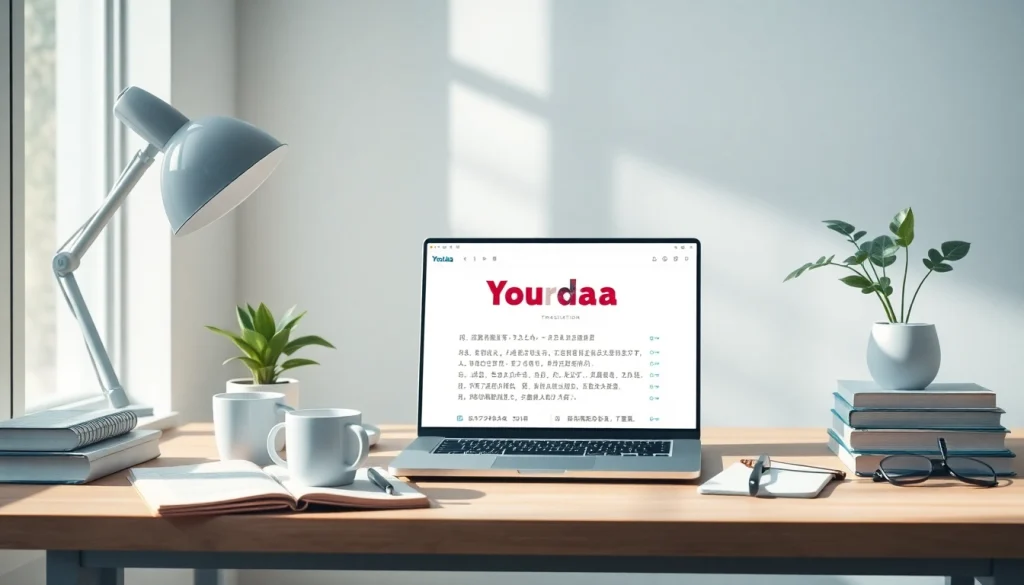 Youdao translation download interface on a laptop in a modern workspace