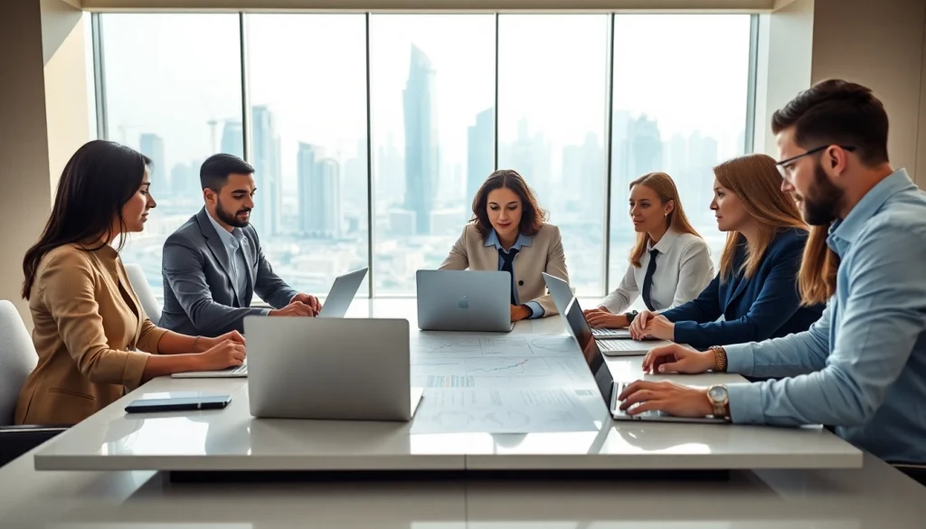 Business Consultants in Dubai collaborating on a strategic plan in a modern conference room.