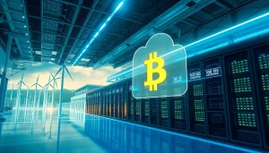 Futuristic cloud mining bitcoin facility powered by renewable energy sources with advanced technology.