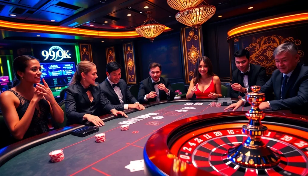 Experience thrilling poker action at 99OK Casino with vibrant colors and luxurious atmosphere.