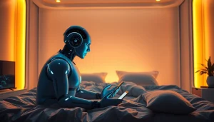 AI sex companion in a futuristic bedroom, showcasing technology and intimacy.