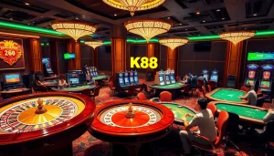K88 gamblers enjoying an exciting casino atmosphere filled with vibrant tables and games.