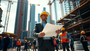 Manhattan Construction Manager overseeing a busy construction site with blueprints in hand.