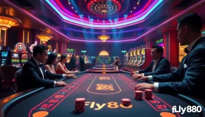 Engage with Nhà cái Fly88 at a luxurious casino setting featuring poker tables, slots, and roulette wheels.