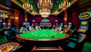 Experience the luxury of KJC COM at an exciting poker game amidst elegant casino vibes.