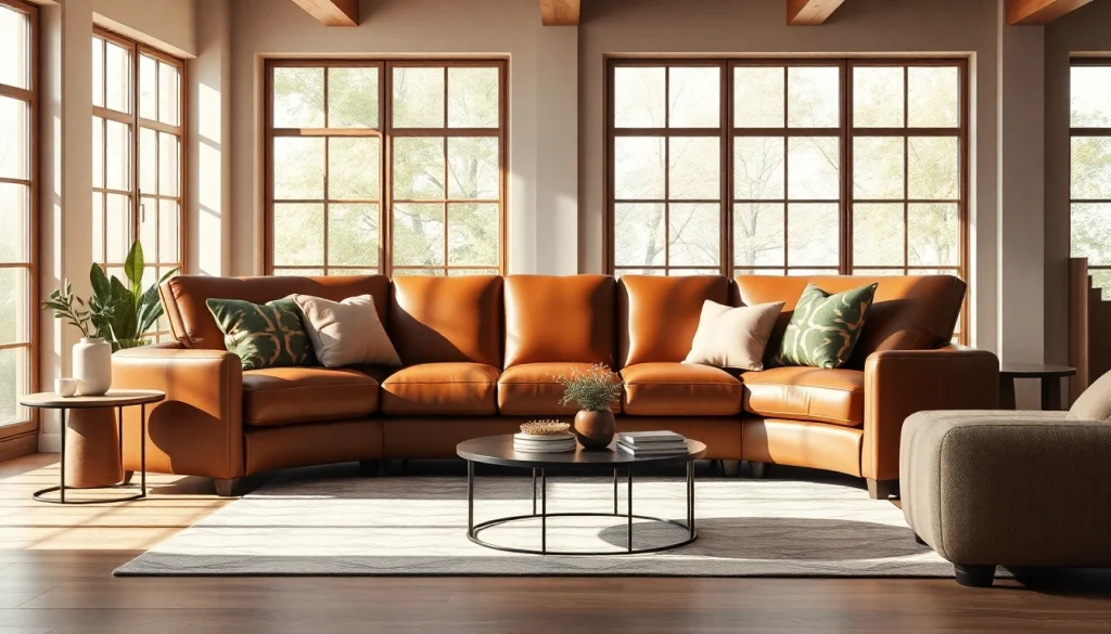 Bekijk een elegante bank bekleed met skai leer in een stijlvolle woonkamer.