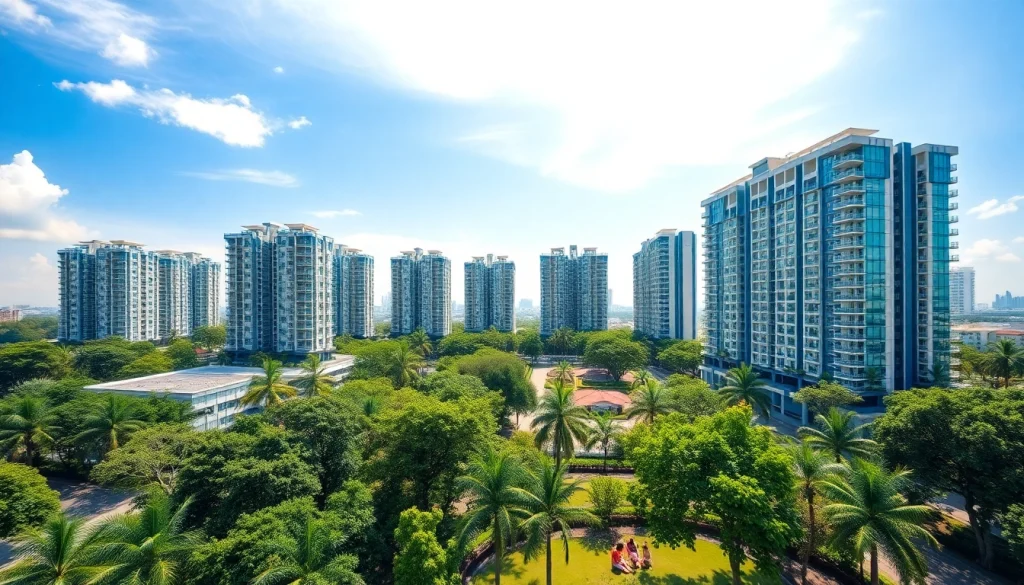 Tampines EC skyline with modern residential buildings and families enjoying the park.