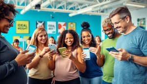 Engaged users utilizing the ideal weight calculator in a bright and welcoming fitness environment.