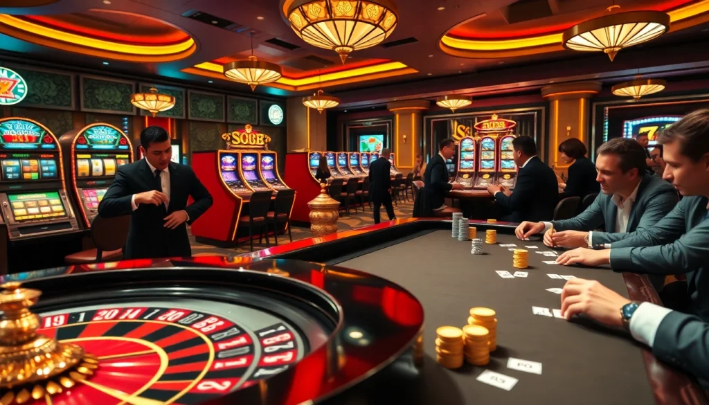 Engage in thrilling SC88 casino action with vibrant slot machines and a roulette table.