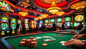 Players experiencing the thrill of gambling at the luxurious LC 88 casino table with vibrant cards and chips.