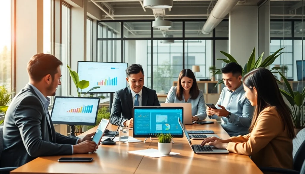 Office professionals using WPS办公 software in a bright, collaborative environment showcasing efficiency and innovation.