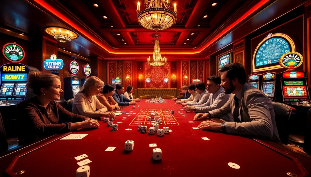 Players engaging in רמיקוב אונליין at an upscale casino setting, mixing strategy and excitement.
