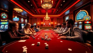 Players engaging in רמיקוב אונליין at an upscale casino setting, mixing strategy and excitement.