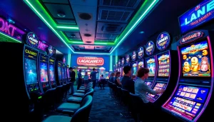 LAGAGAME77 online gaming scene with vibrant colors and celebrating players.