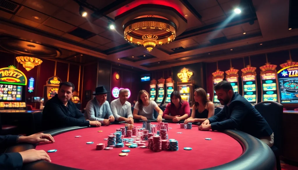 Engaging casino scene featuring seven77 on vibrant slot machines and poker tables.