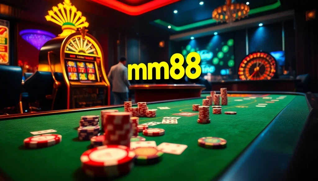 mm88 casino scene showcasing vibrant gaming tables and thrilling excitement.