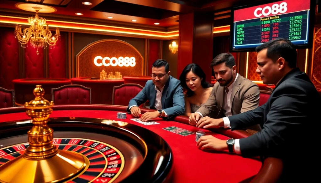 Experience the thrill of Co88 as players strategize in an exciting casino setting with cards and chips.