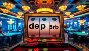 Mainkan game slot depo 5rb yang seru di lantai kasino mewah yang dipenuhi meja permainan yang penuh warna.