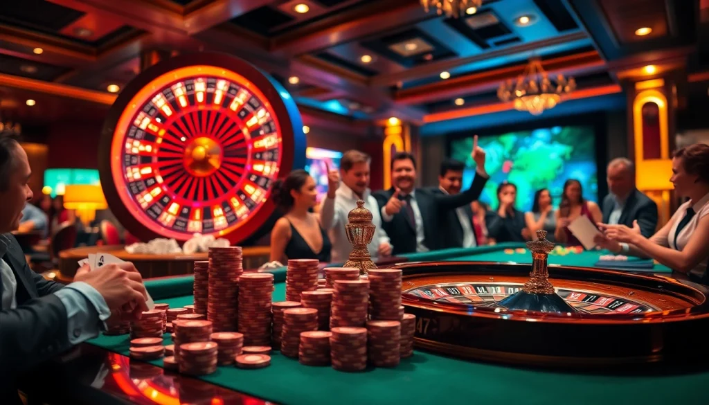 Experience the excitement at https://uu88ae.com/ with a vibrant casino scene full of players, roulette wheels, and poker chips.