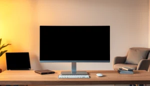 Black screen displayed in a minimalist workspace for reducing eye strain.