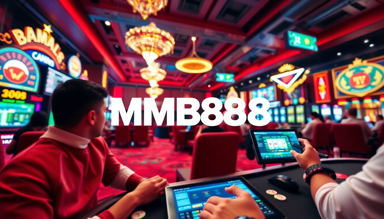MB88 online gaming platform banner featuring vibrant casino atmosphere, players enjoying diverse games.